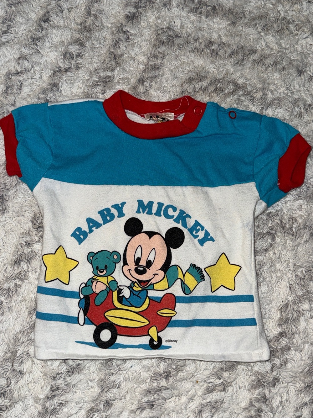 6-9m Vintage 80s Disney Baby Mickey Blue White & Red Short Sleeve Tee